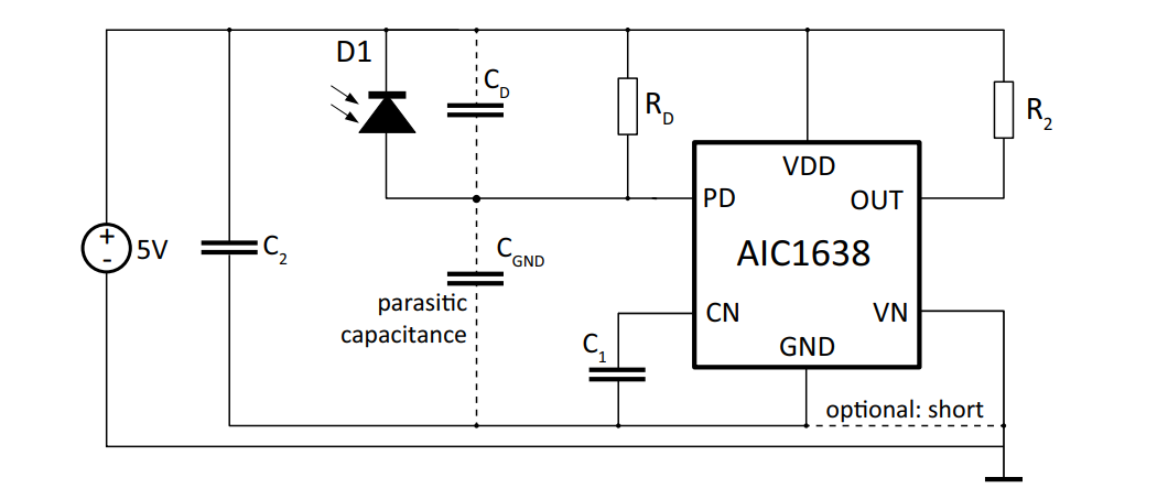 Application Circuit Diagram - Apex Microtechnology AIC1638 Photo Receiver Amplifier ICs
